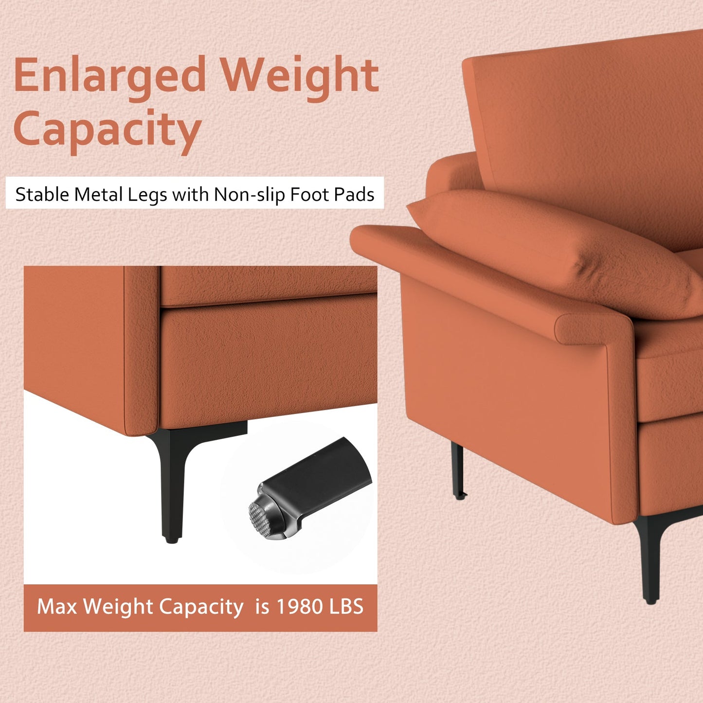 Large 3-Seat Sofa Sectional with Metal Legs and 2 USB Ports for 3-4 people