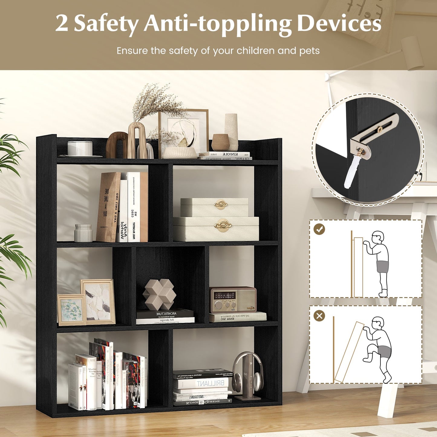 7 Cubes Open-back Bookshelf with Anti-Toppling Devices