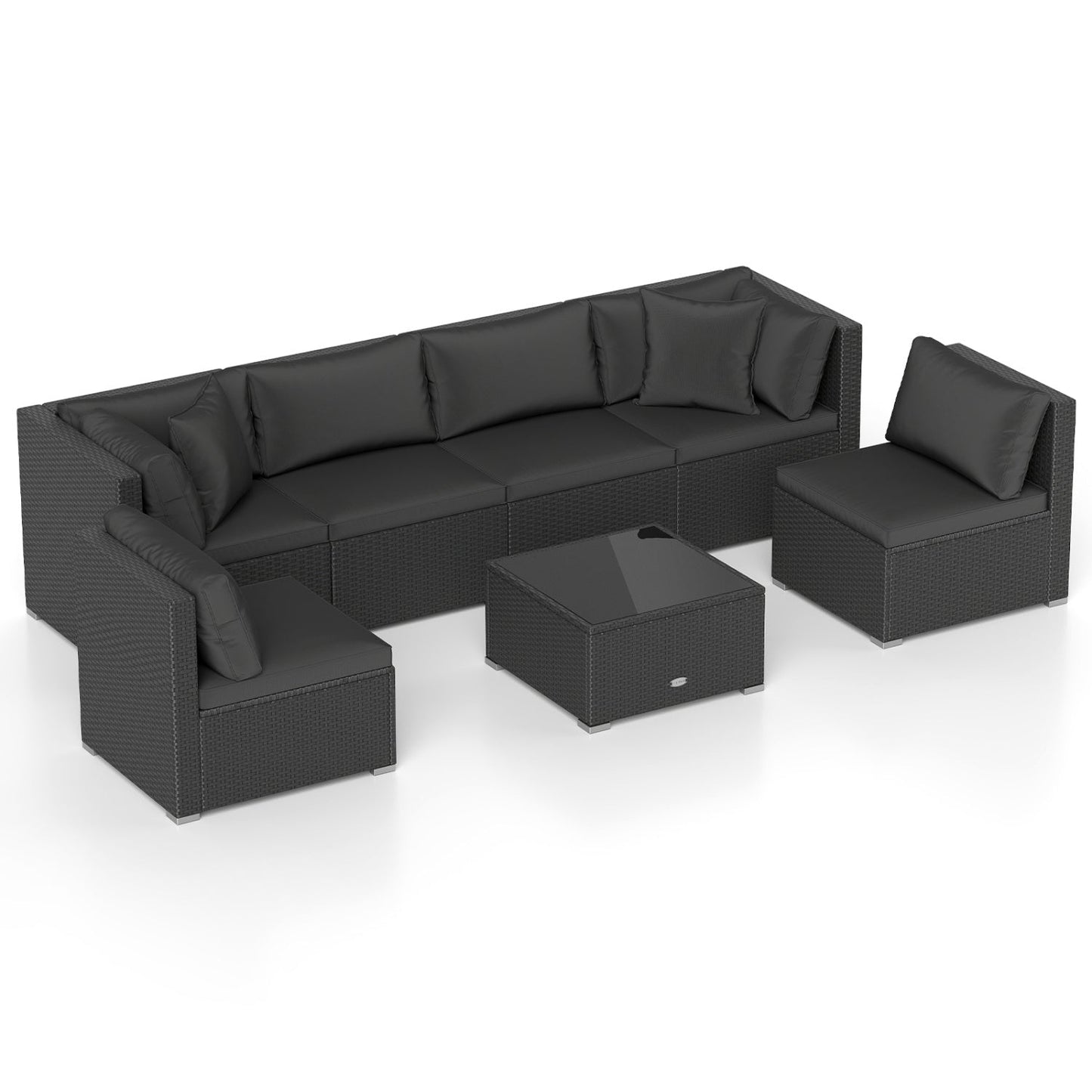 7 Pieces Sectional Wicker Furniture Sofa Set with Tempered Glass Top-Red