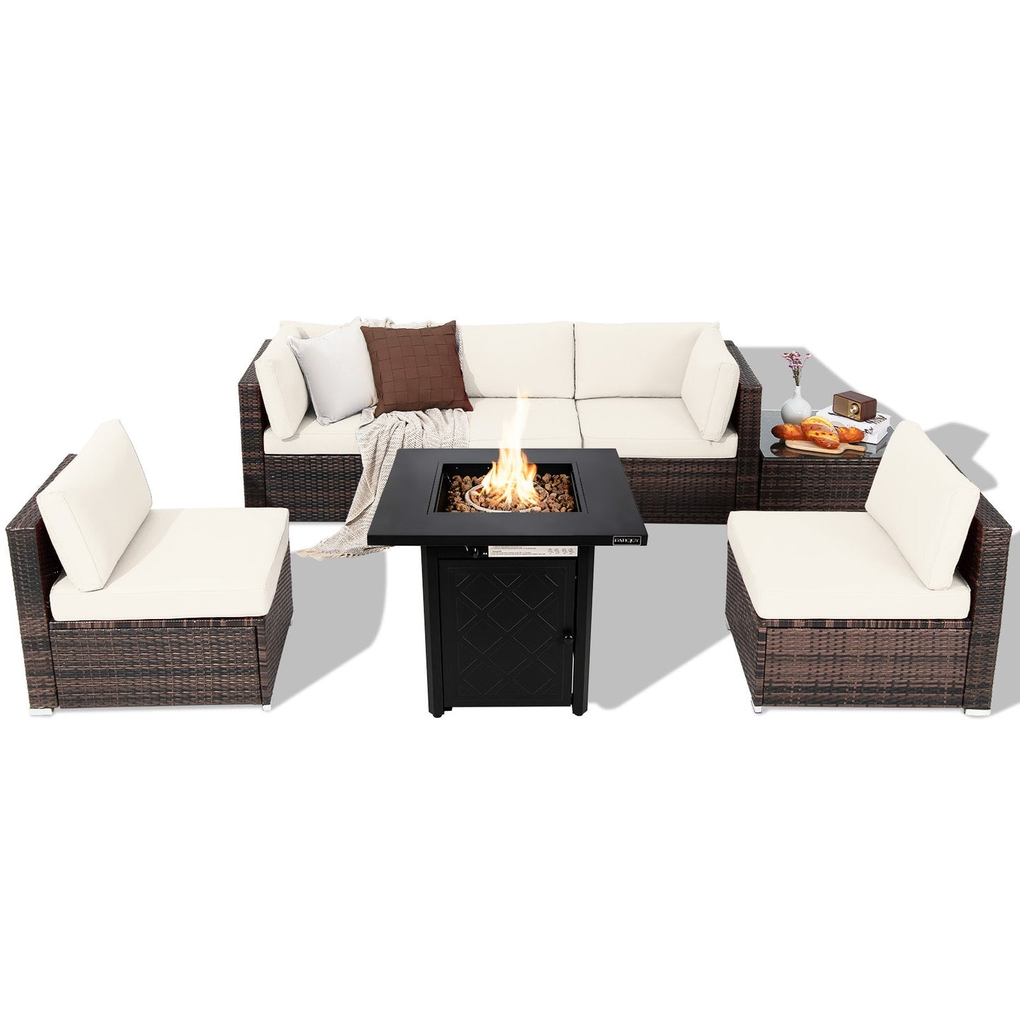 7 Pieces Patio Furniture Set with 28 Inches 50000 BTU Propane Gas Fire Pit Table