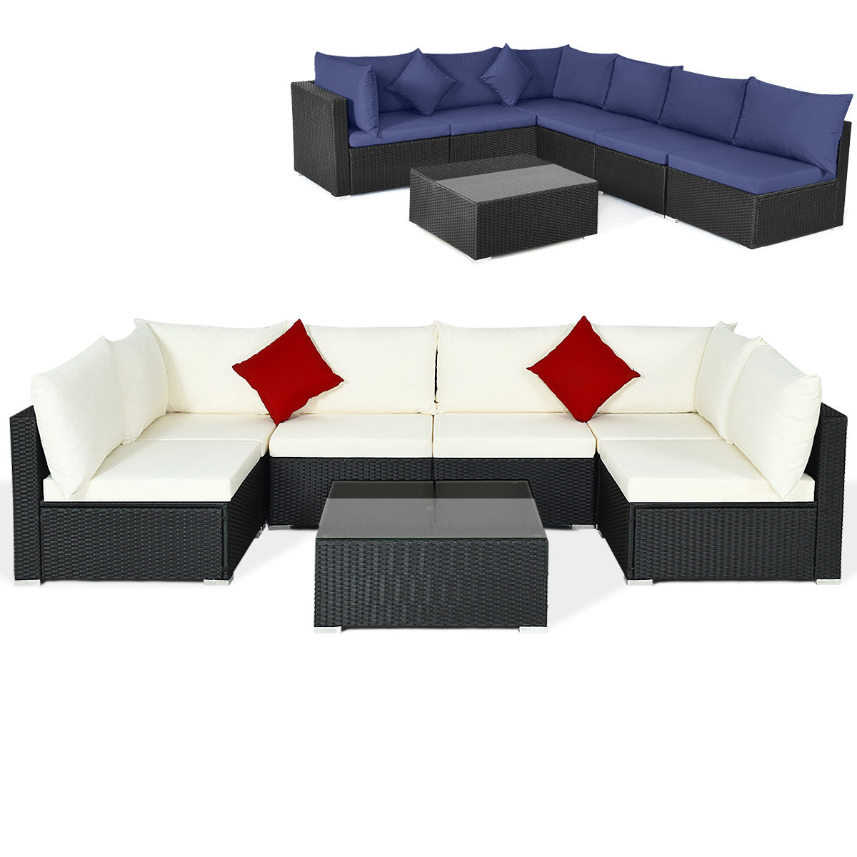 7 Pieces Sectional Wicker Furniture Sofa Set with Tempered Glass Top-Red