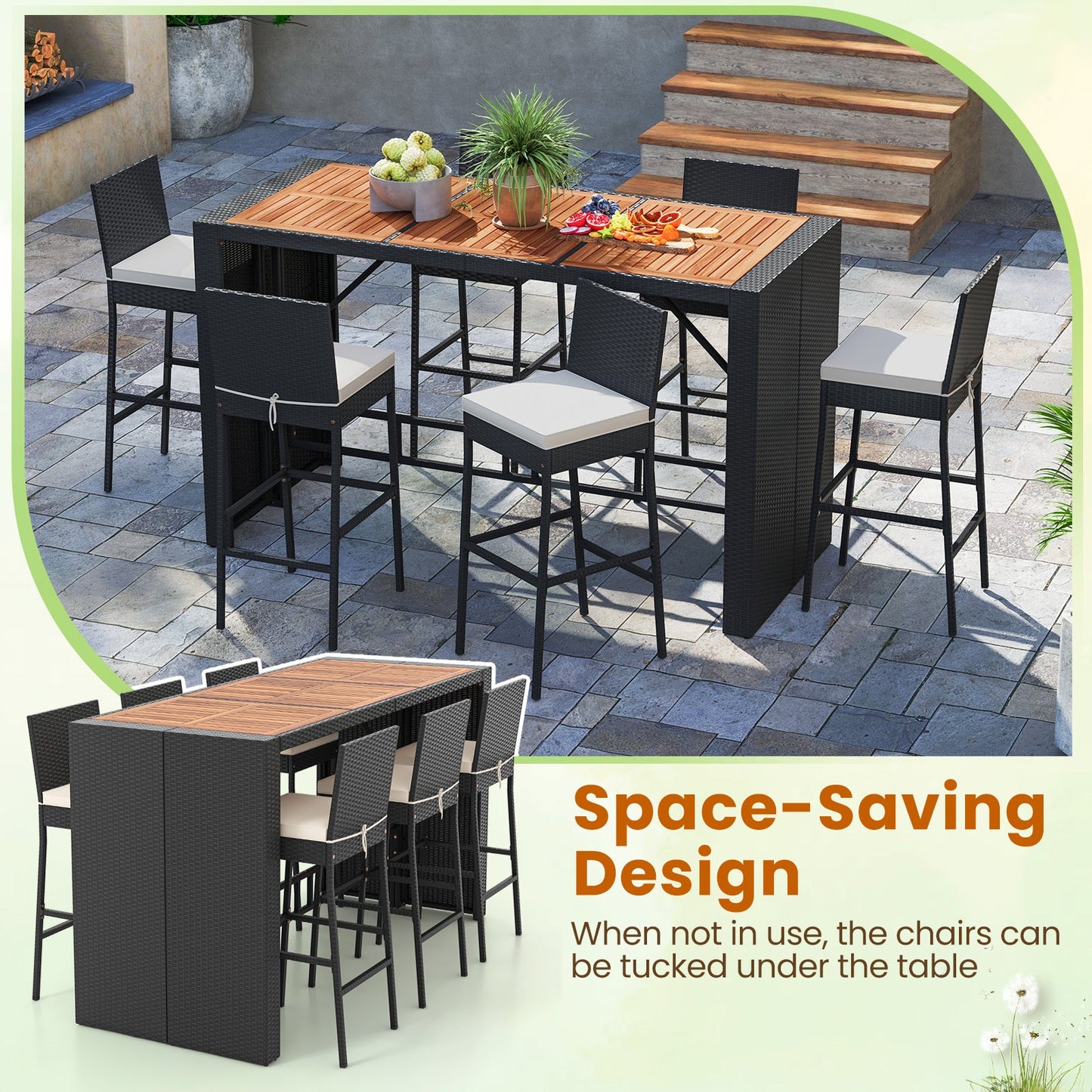 7 Pieces Patio Rattan Bar Set with Seat Cushions for Porch Yard Garden