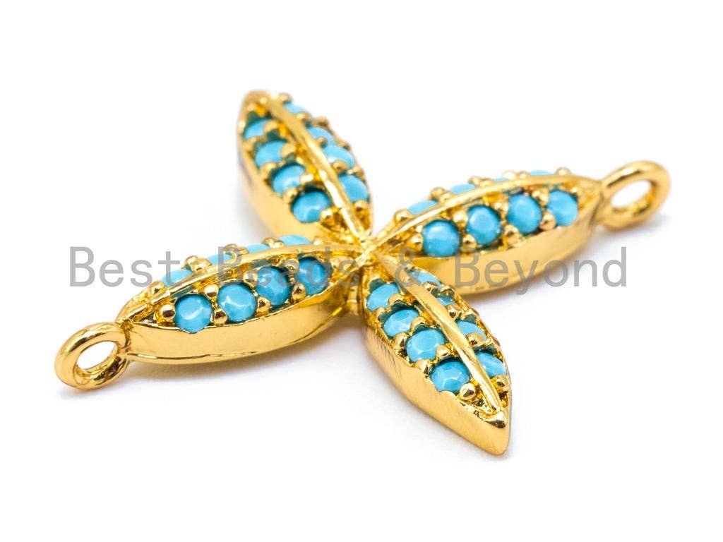 CZ Micro Pave Turquoise Four Leaf Connector, Cubic Zirconia Space Connector Charm, Fashion Jewelry Beads, 19X24mm, 1pc/2pcs sku#M113