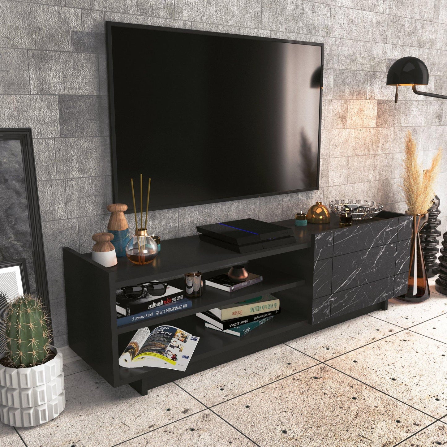 Valantina 55” Wide TV Stand & Media Console with A Cabinet & Shelves for TVs up to 63"