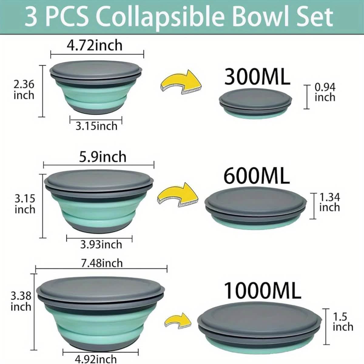 3 bols de camping pliables en silicone avec couvercles – Bleu et rose