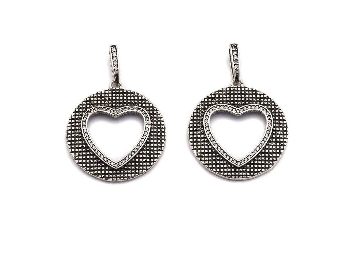 Antique Finish  CZ Micro Pave Hollow Out Heart Pendant, Silver Tone, 28x31mm,sku#F991C