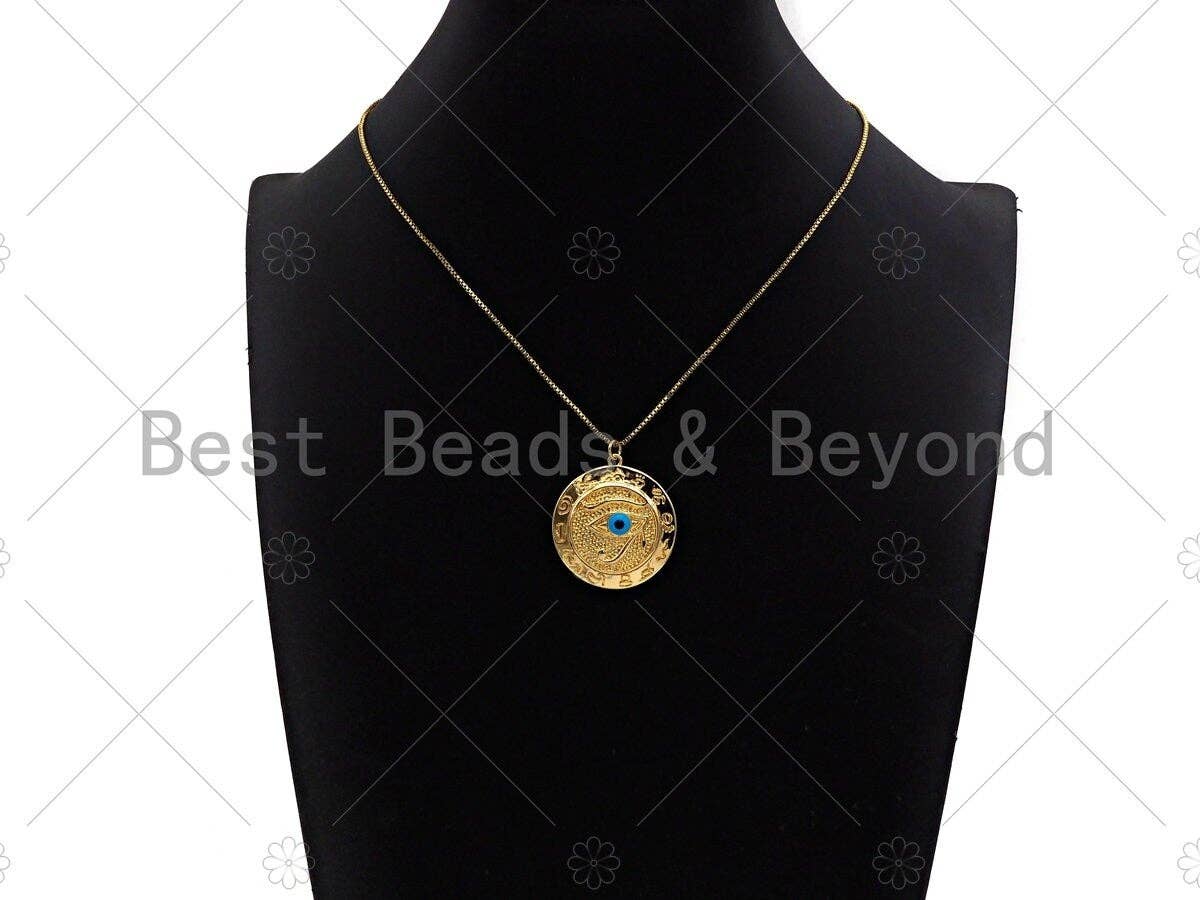 CZ Micro Pave Turquoise Blue Evil Eye On Round Coin Pendant,Cubic Zirconia Medallion Charm, Necklace Bracelet Pendant,30x33mm, Sku#L428