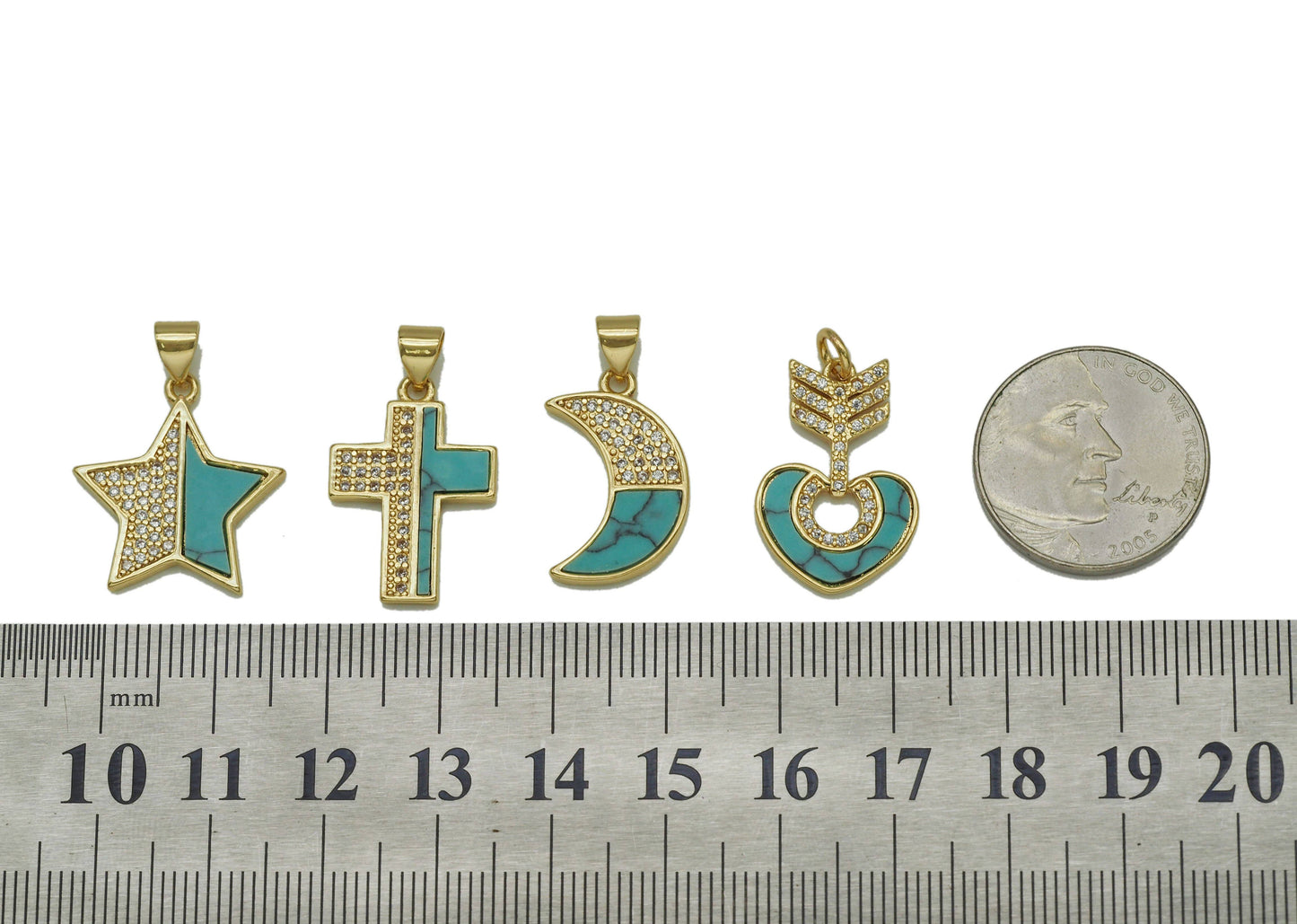CZ Turquoise Star Moon Heart Cross Charm, Sku#L666