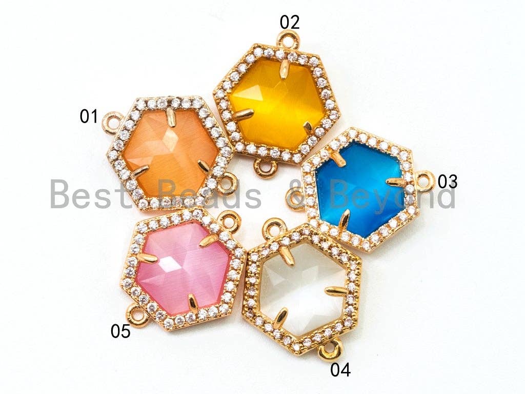 Hexagon Bezel Connector with Faceted Cat's Eye Stone, Gold Plated CZ Micro Pave Frame Connector, Topaz/Blue/White/Pink 14x18mm, sku#A79