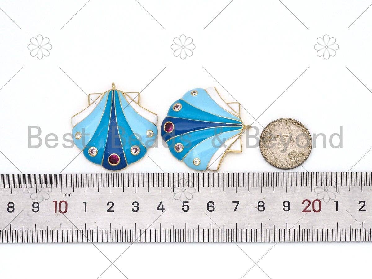 Colorful Enamel Shell Shape Pendant,18K Gold Filled Colorful CZ Micropave Shell Charm,Necklace Pendant, 35x37mm,Sku#LK438