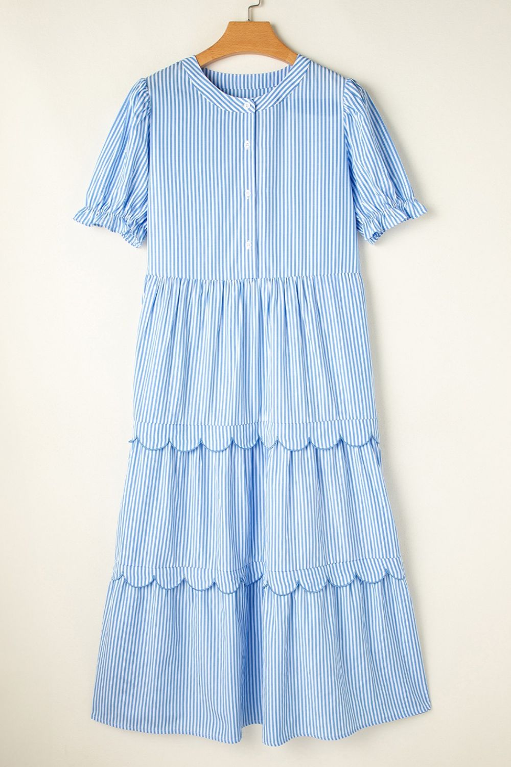 Stripe Bubble Short Sleeve Tiered Scallop Midi Dress