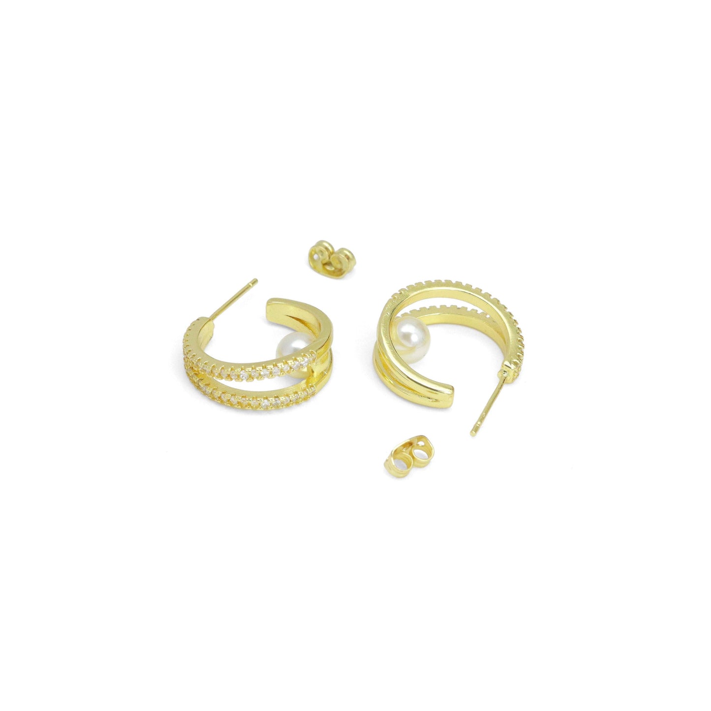 Clear CZ Double Line Pearl Earrings, Sku#LK1013