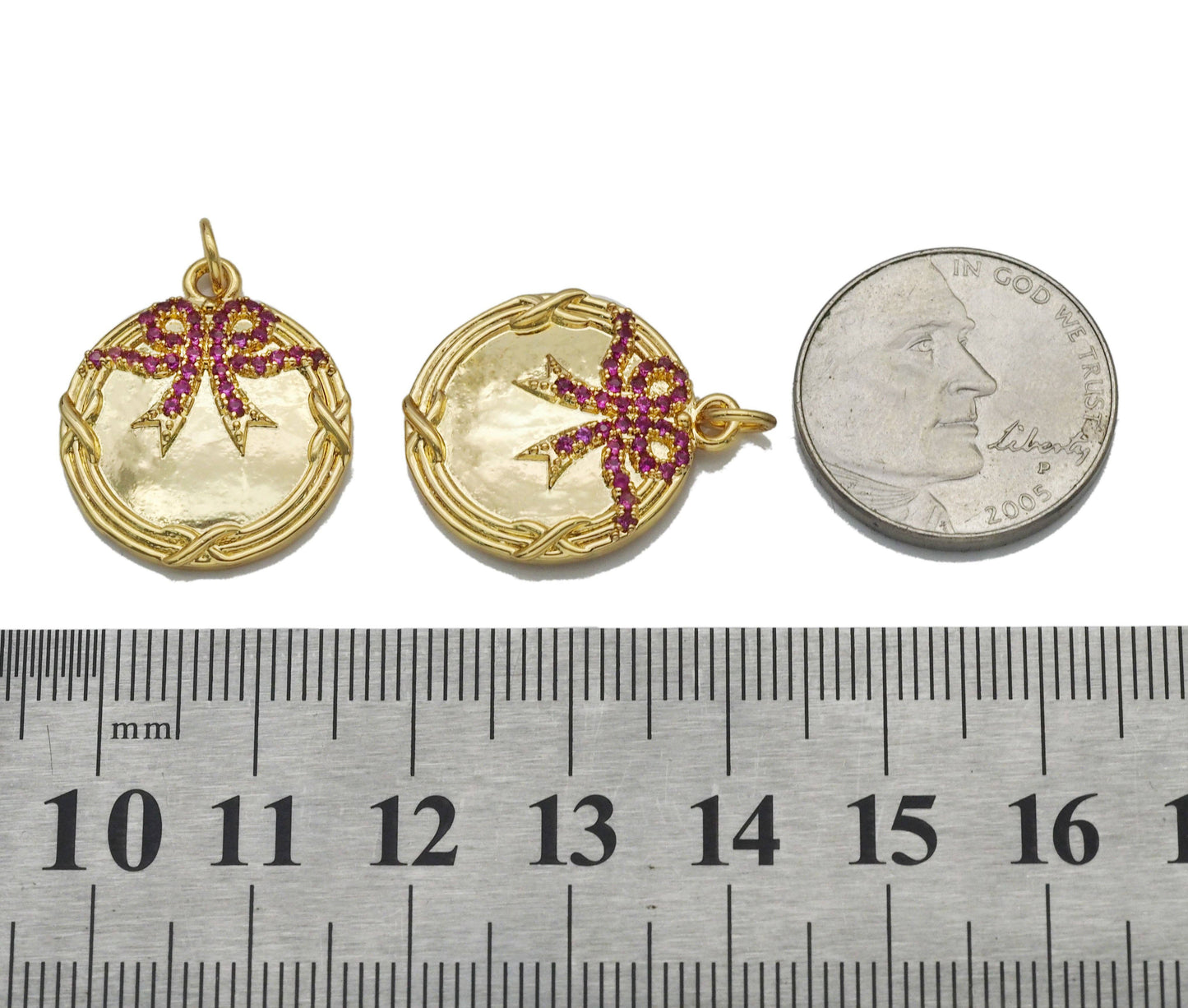 Fuchsia CZ Bowknot On Round Medallion Coin Charm, Sku#LK758
