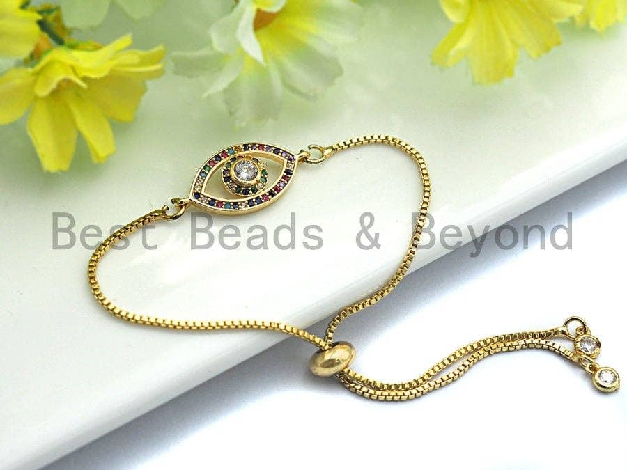Colorful CZ Micro Pave Evil Eye Shape Connector/Link, Cz Pave Bracelet Necklace Connector in Gold Finish,12x25mm,sku#M252