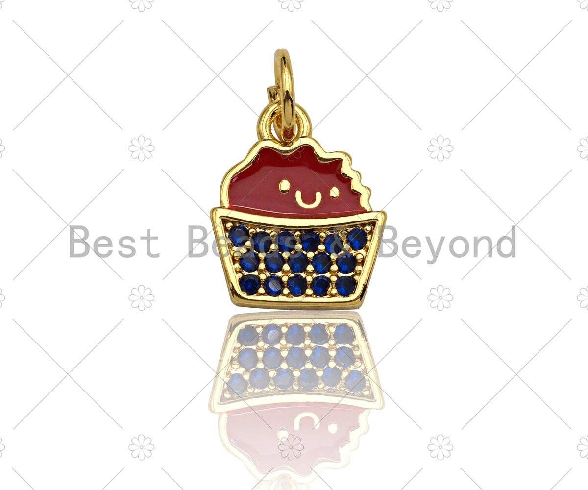 CZ Pave Enamel Cupcake Shape Pendant, Red Blue Cupcake Charm, July 4th Jewelry, 9x11mm,sku#LK117