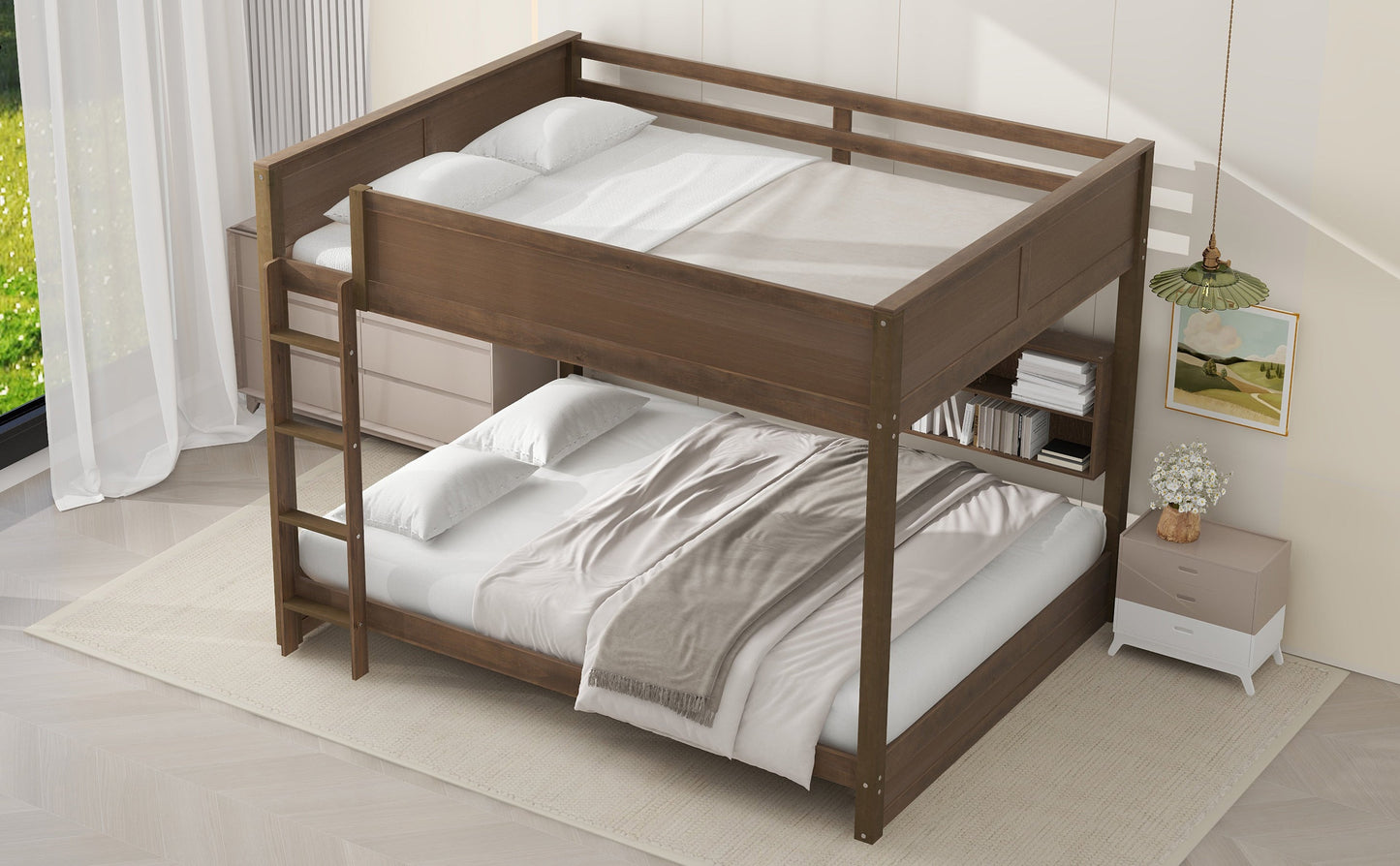 Queen over Queen Bunk Bed with Storage Cabinets and USB Ports