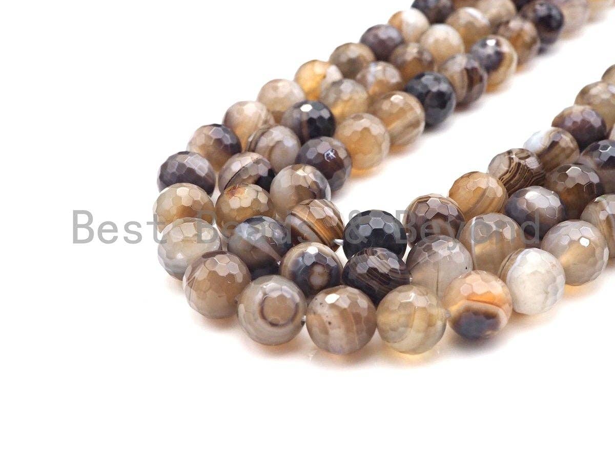 High Quality Natural Faceted Banded Agate Beads, 6mm/8mm/10mm, Champagne Brown White Banded Agate Beads,15.5" Full Strand, SKU#UA78