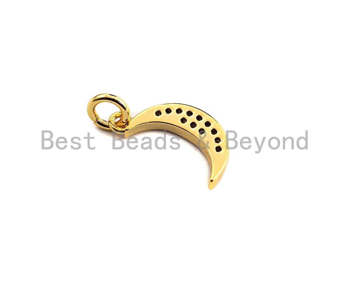 Clear Black CZ Micro Pave Crescent Moon Pendant, Cubic Zirconia Pendant, 24K Gold Tone, 7x14mm, Sku#Z489
