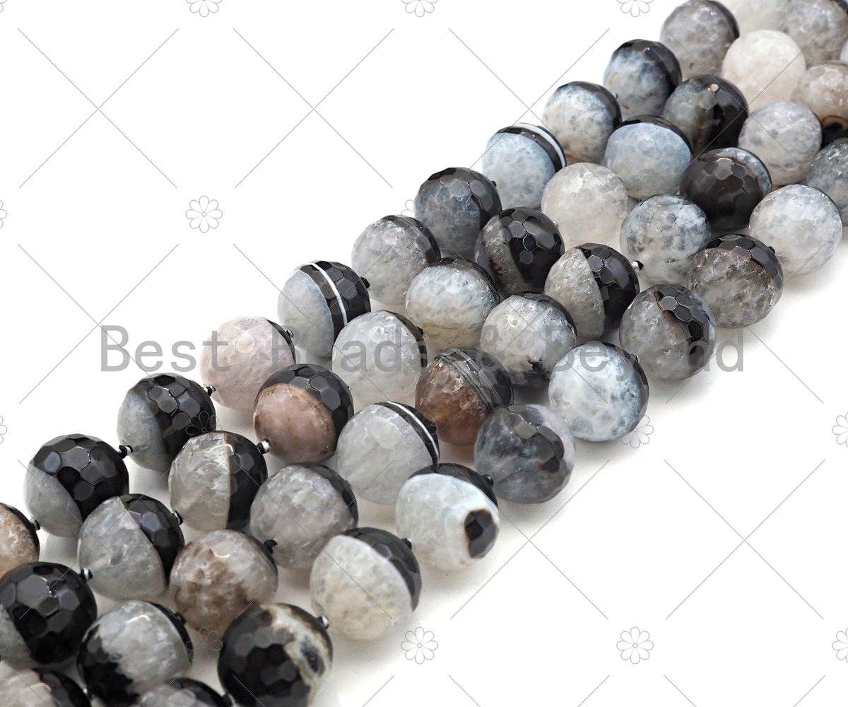 High Quality Natural Black White Druzy Agate Beads, 16mm Round Faceted Agate, Necklace Bracelet Earring Jewelry,15.5'' Full Strand, Sku#YK01