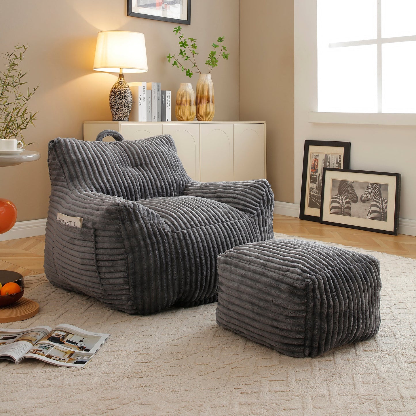 Giant Plush Bean Bag Chair for Adults with Armrests and Footstool