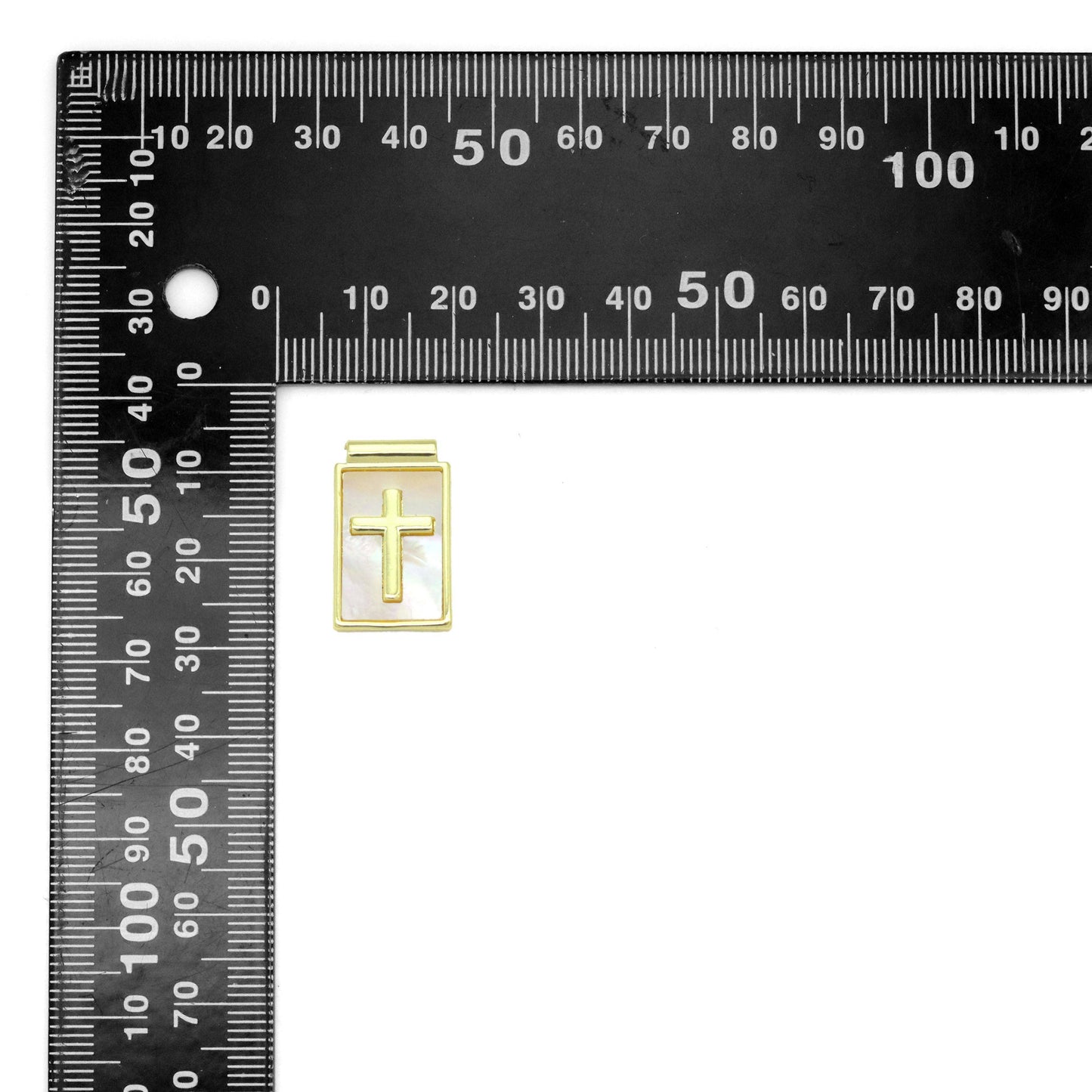 Gold Cross on Mother of Pearl Cross Rectangle Shape Charm Pendant, Sku#LK1051