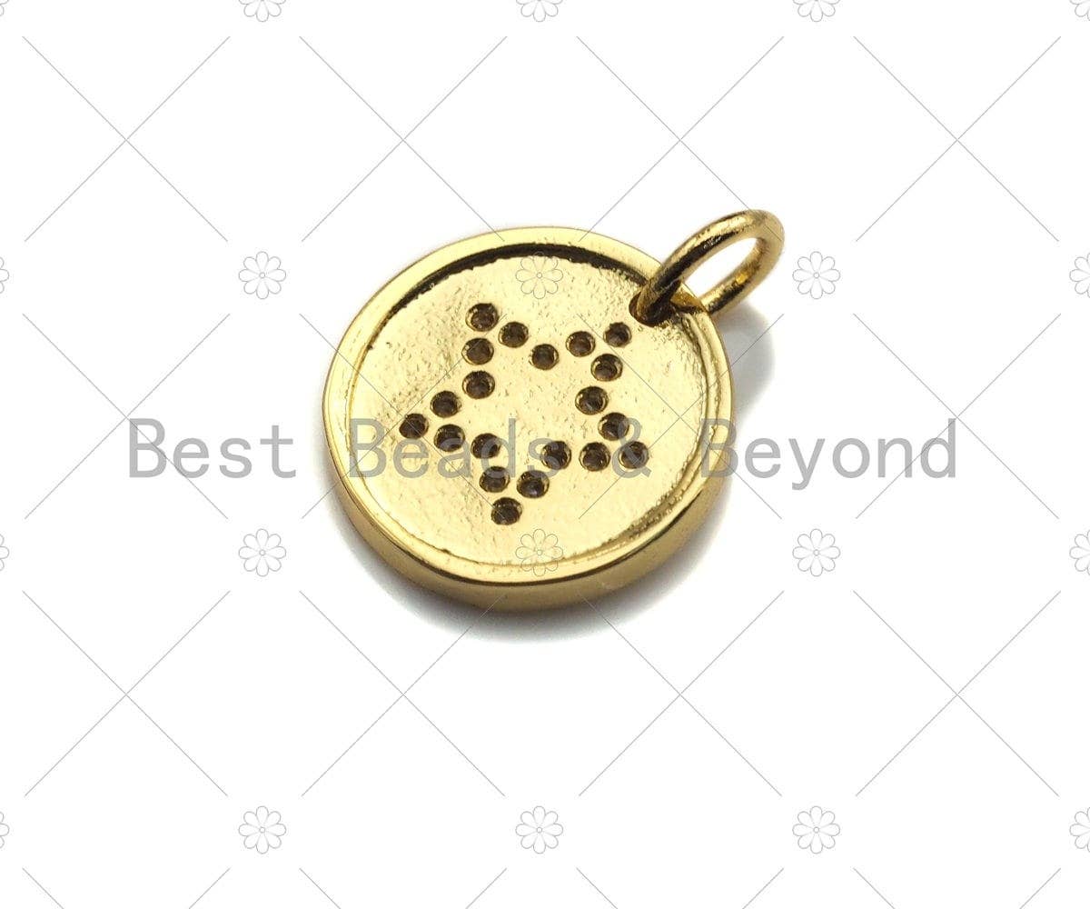 CZ Clear Micro Pave Five Point Star On Round Coin Pendant, Star Pave Pendant, Dainty Gold Coin Charm, 12mm, Sku#Z1140