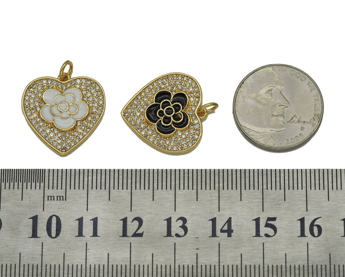 Black White Enamel Rose Flower On CZ Heart Charm, Sku#L671