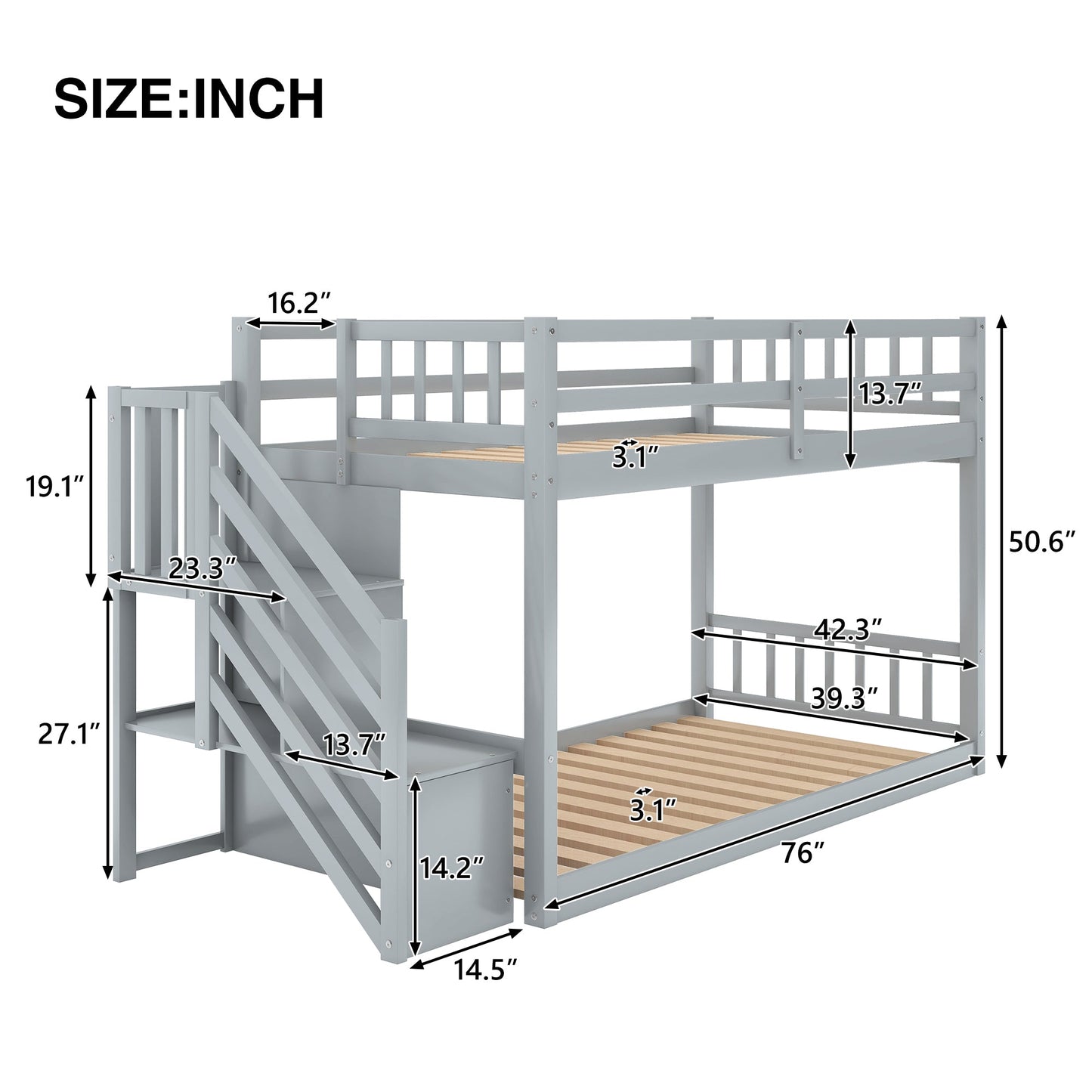 Twin Over Twin Floor Bunk Bed, Ladder with Storage