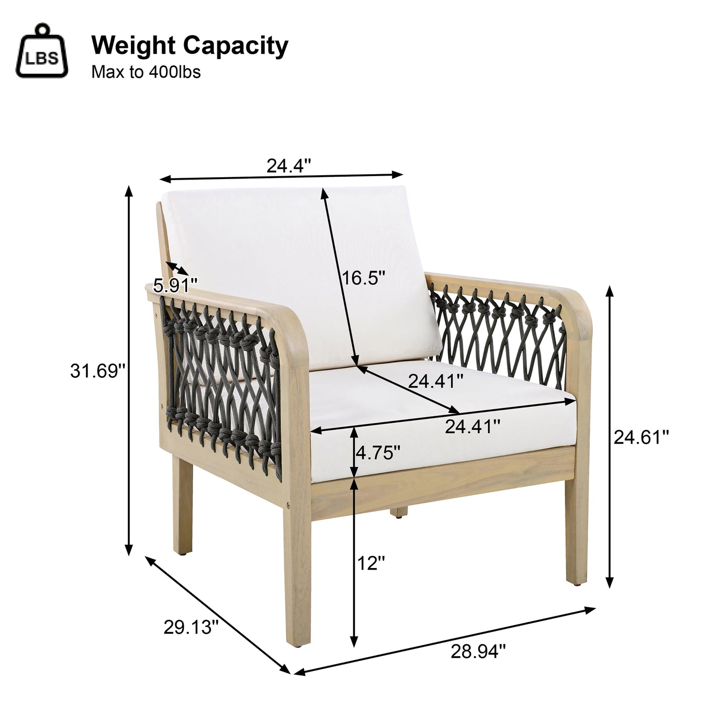 Outdoor Acacia Wood Club Chair with Handwoven Rope