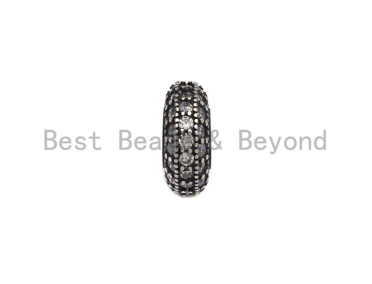 CZ Donut Shaped Micro Pave Space Beads in Antique Silver, Cubic Zirconia Space Beads, Rhidium Rondelle Big hole Beads, 10x5mm, sku#X124