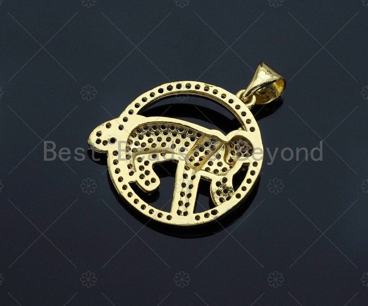 CZ Micro Pave Gold Leopard On Round Ring Shape Pendant, Jaguar Animal Charm, Panther Pave Pendant, Gold plated,18mm, Sku#LK82