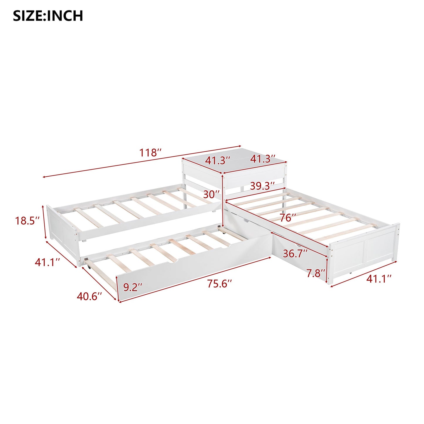 L-shaped Platform Bed with Trundle and Built-in Desk