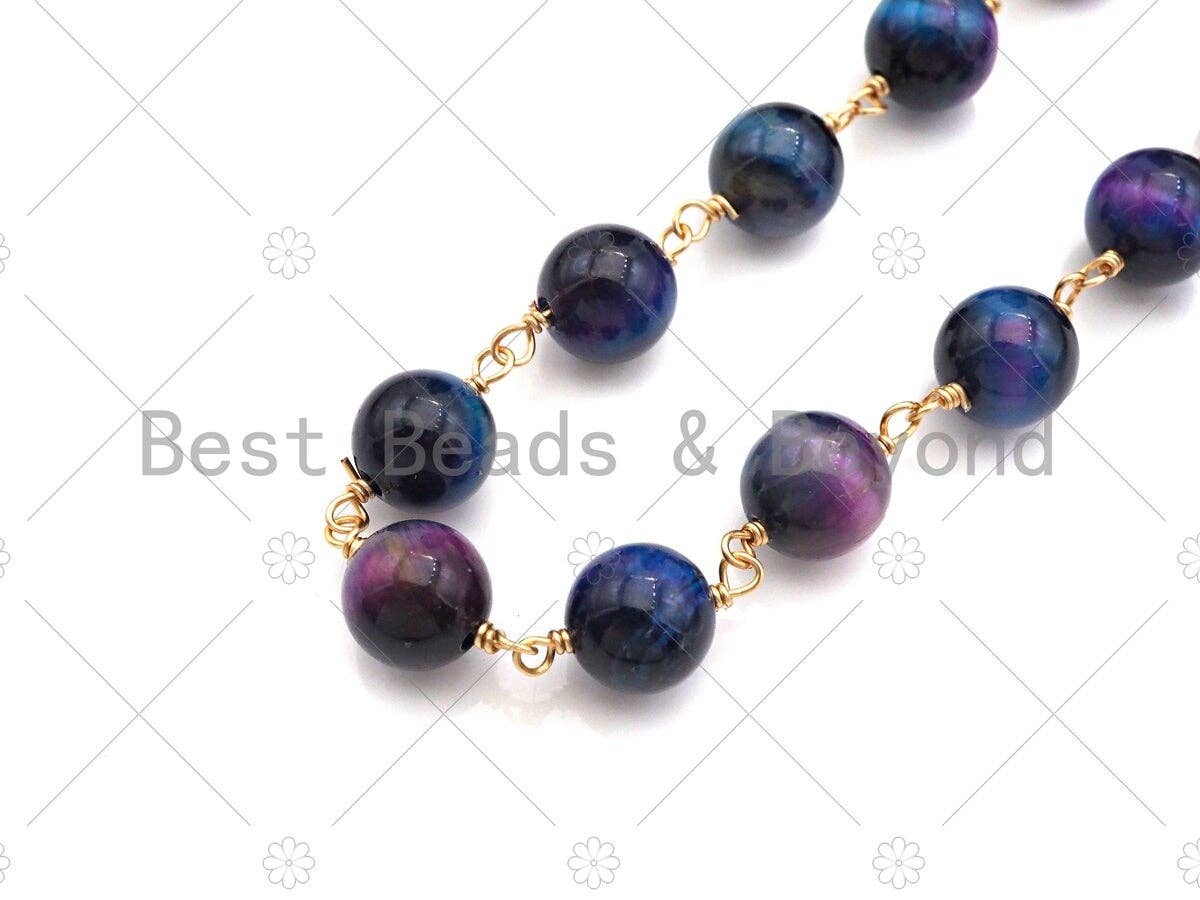 Purple/Glaxy High Quality Tiger Eye Rosary Chain, 8mm Beaded Chain, Wire Wrapped Gold Chain,Sku#V80