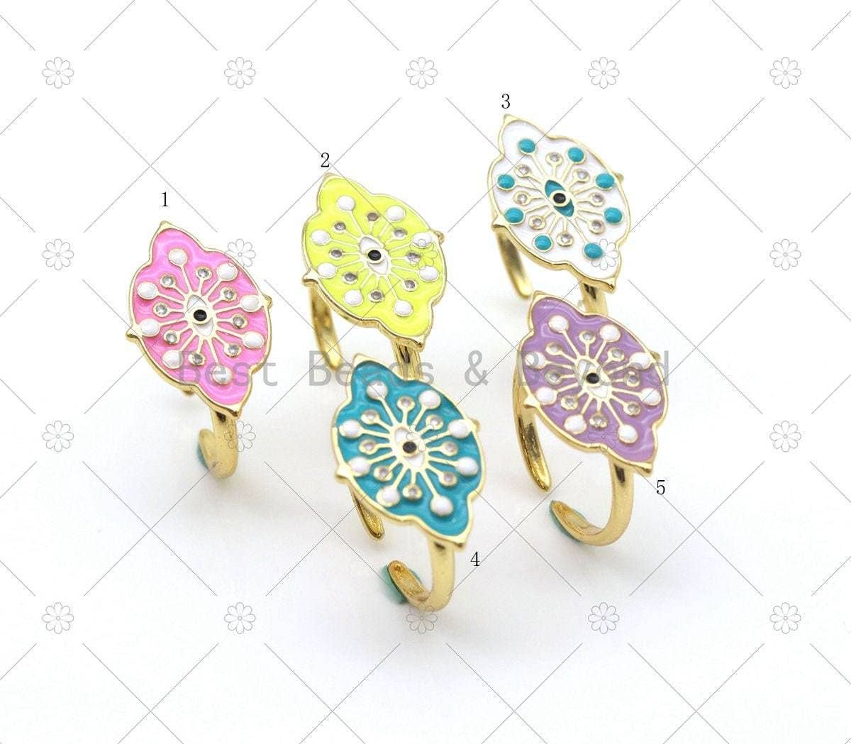 Colorful Enamel Evil Eye On Oval Flower Open Ring,Sku#O84