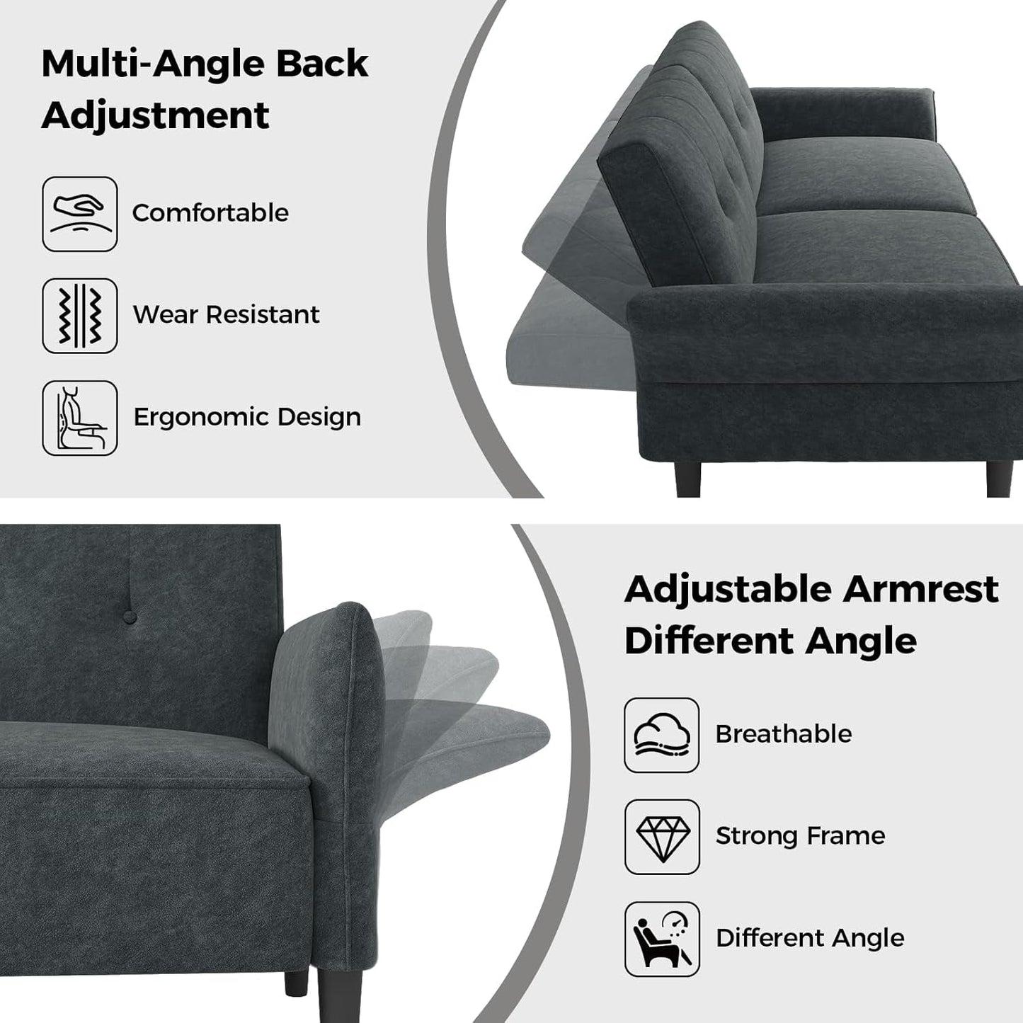 89 Inch Dark Gray Velvet Fabric Convertible SofaBed