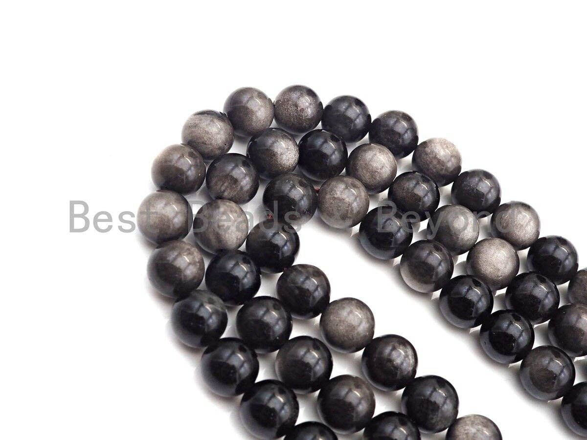 High Quality Natural Silver Obsidian, Round Smooth 6mm/8mm/10mm/12mm/14mm, 15.5" Full Strand, sku#U848