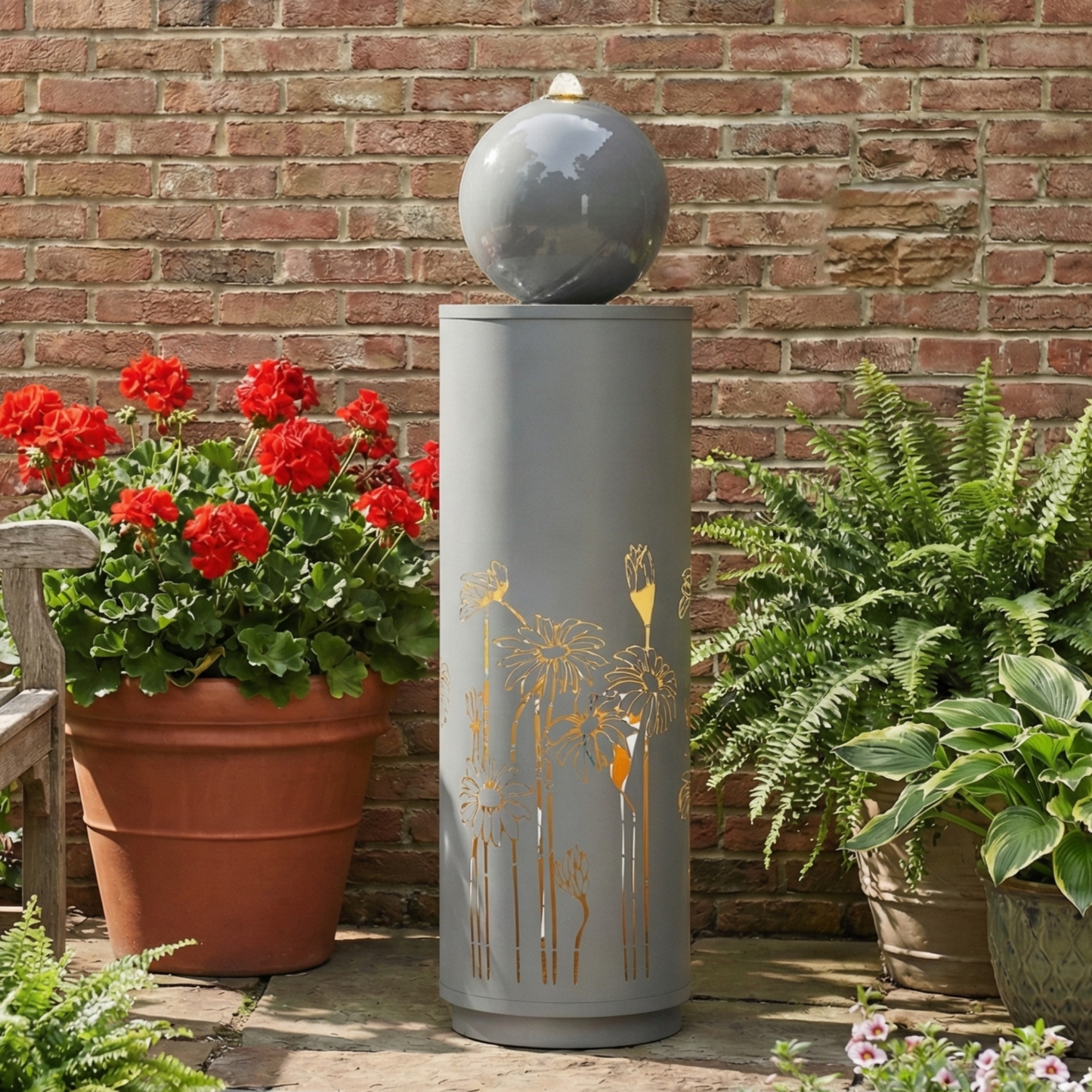 34.25"H Light Gray Metal Sphere-Top Fountain with LED Lights