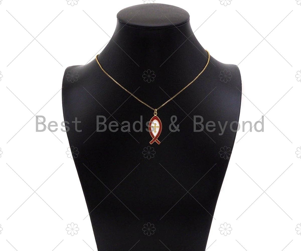 18K Gold Cross On Red/Black Enamel Fish Shape Pendant,Enamel Charm,Enamel Jewelry,13x31mm,Sku#LK303
