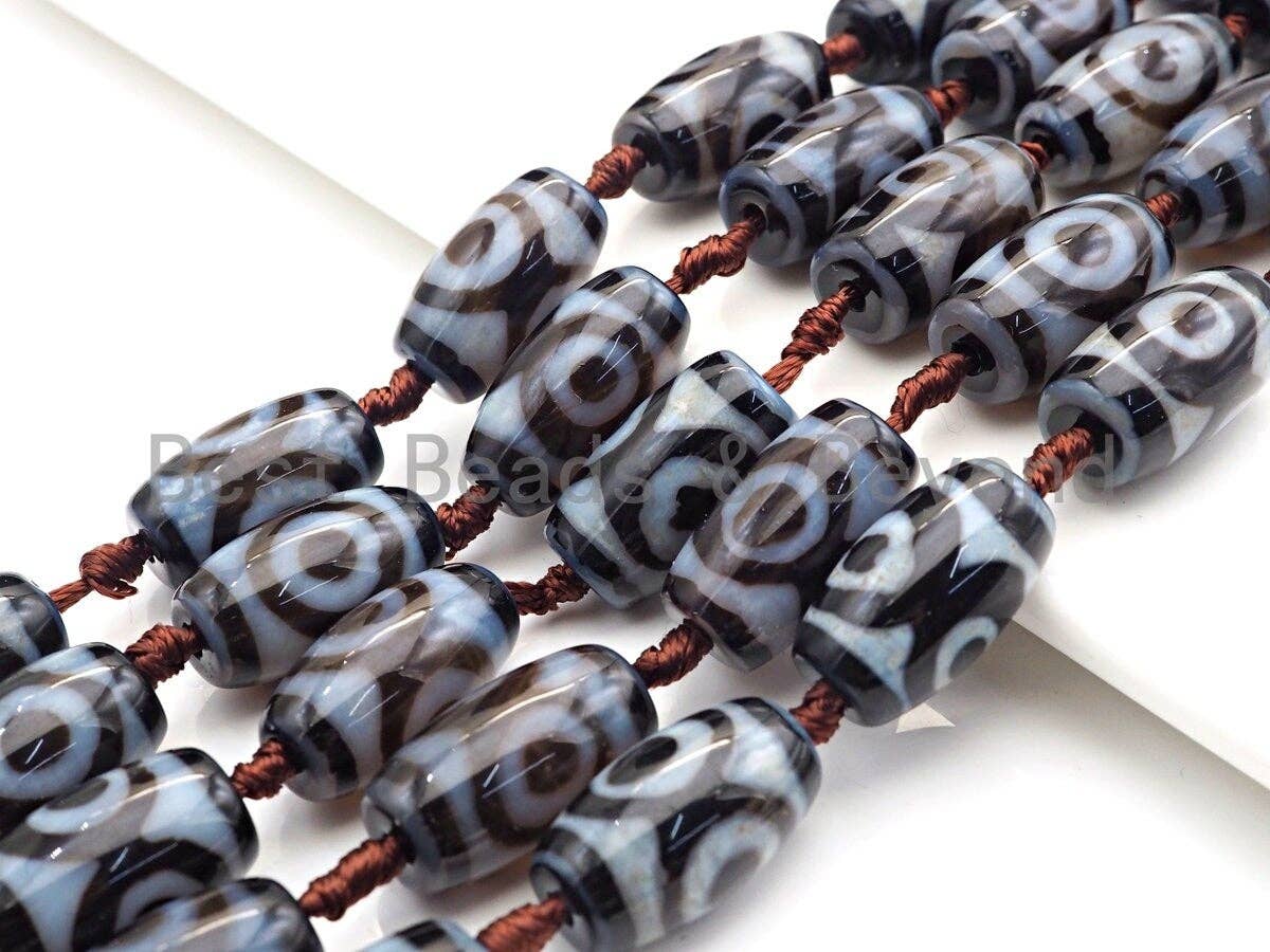 1pc/11pc Natural Tibetan Agate Barrel Spacer Beads, Blue White Black Dzi Spacer Beads, Tibetan Dzi Beads, 13x25mm, sku#U866
