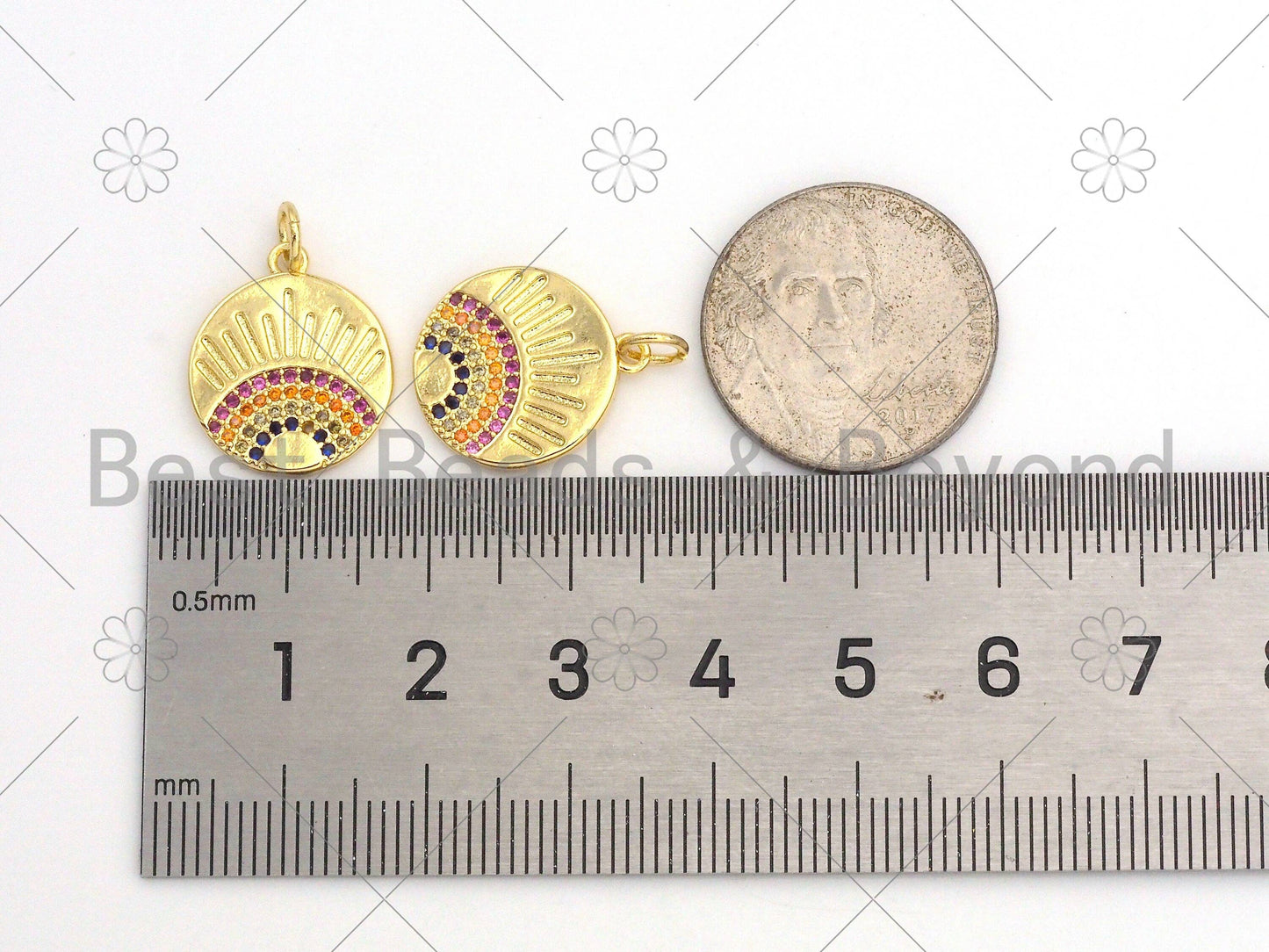 Colorful CZ Micro Pave Rainbow On Round Coin Shape Pendant,18K Gold Filled Medallion Charm, Necklace Bracelet Pendant,14x17mm,Sku#LK375