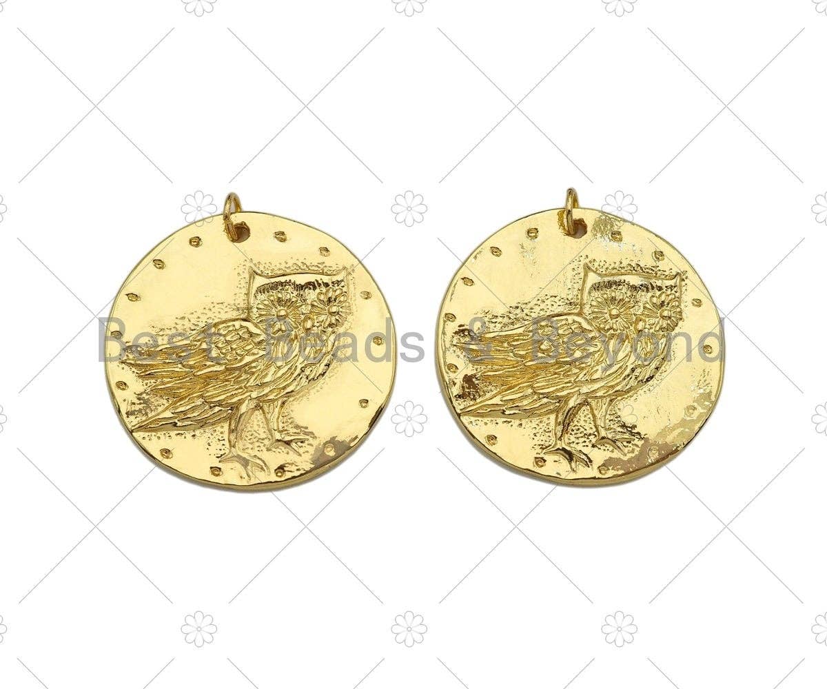 18k Dainty Gold Bird On Round Coin Shape Charms, Dainty Charms, Gold Pendant, Round Coin Necklace Charms, 29x19mm, Sku#LK185