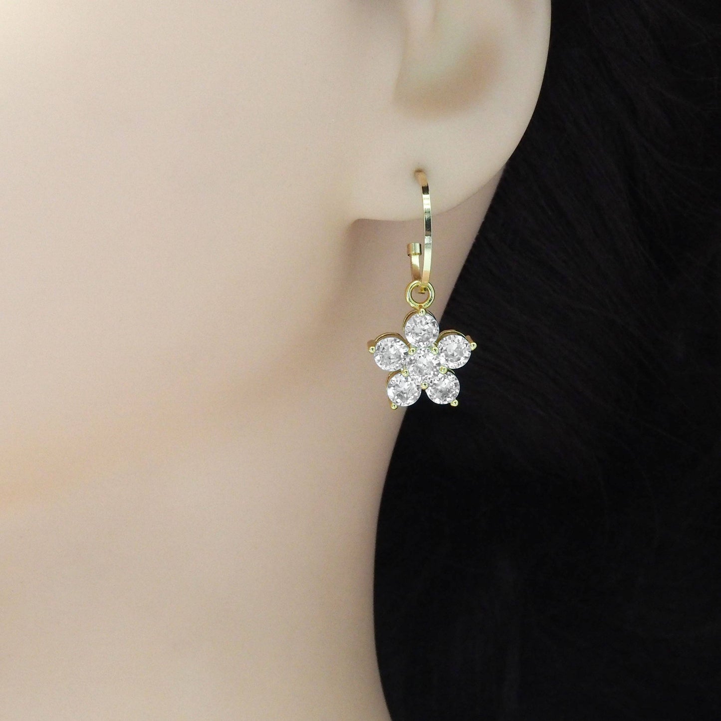 CZ Gold Flower Hoop Earrings, Sku#EF465
