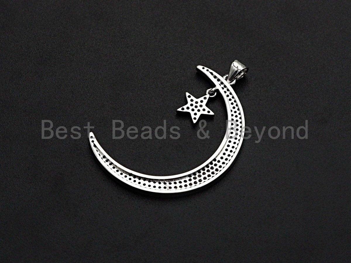 CZ Micro Pave Crescent Moon and Star Pendant ,Gold/Silver/Bl