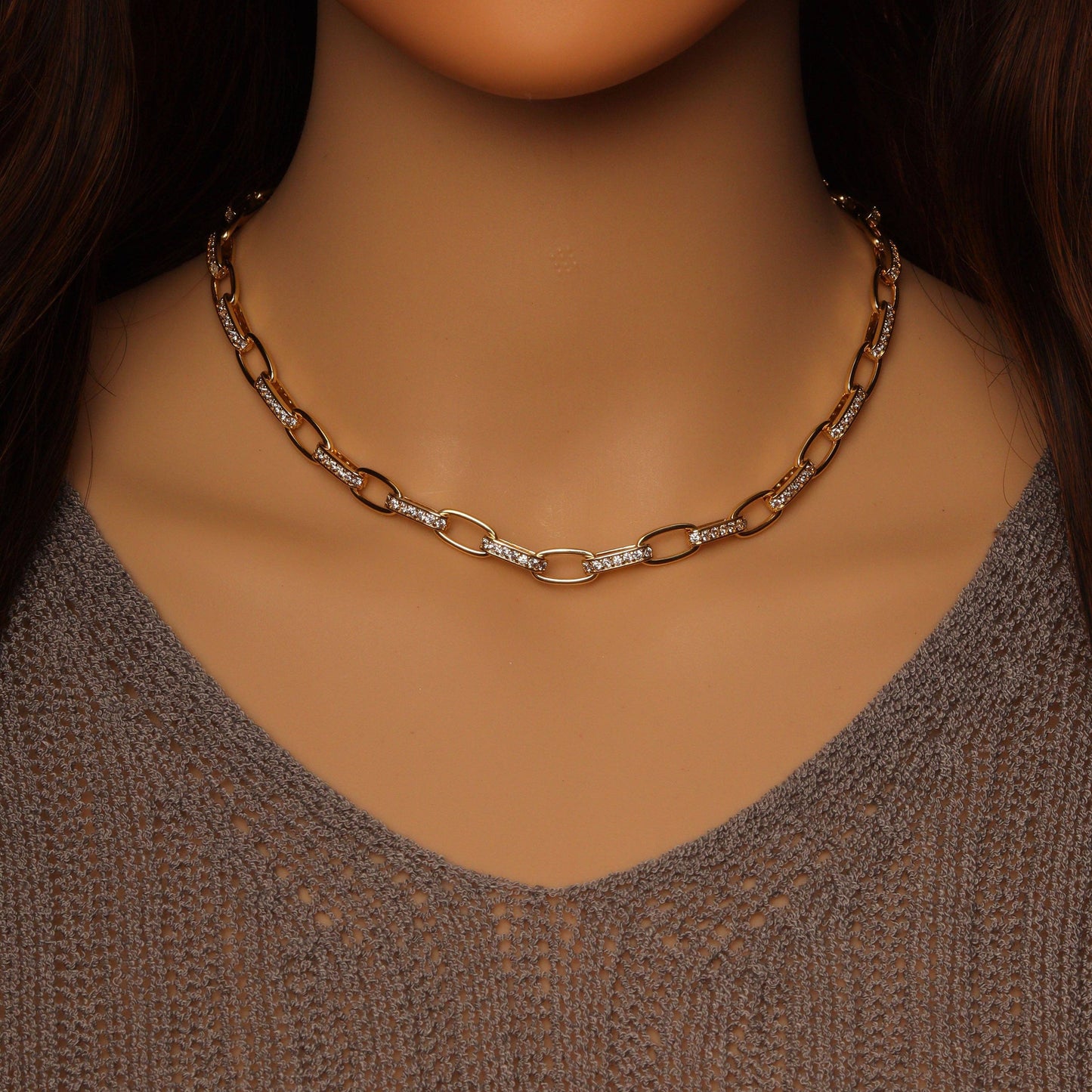 CZ Oval Link Gold Silver Adjustable Necklace, Sku#A118