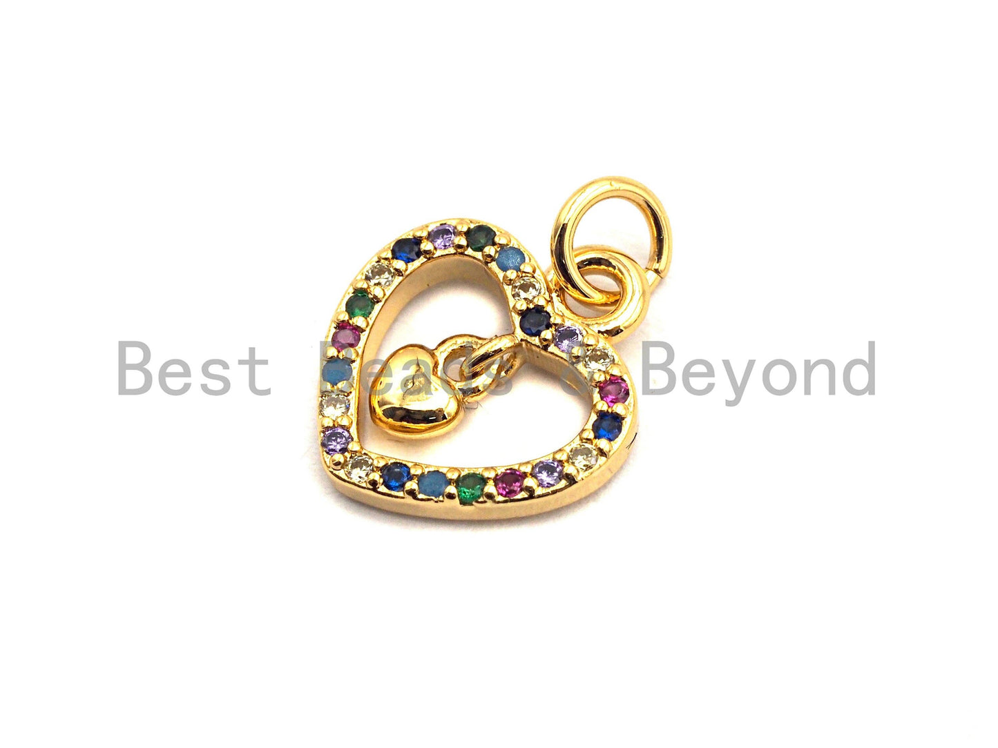 CZ Colorful Micro Pave Hollow Heart With Little Dangle Heart Pendant, Heart Shaped Pave Pendant, Gold plated, 12x14mm, Sku#F826
