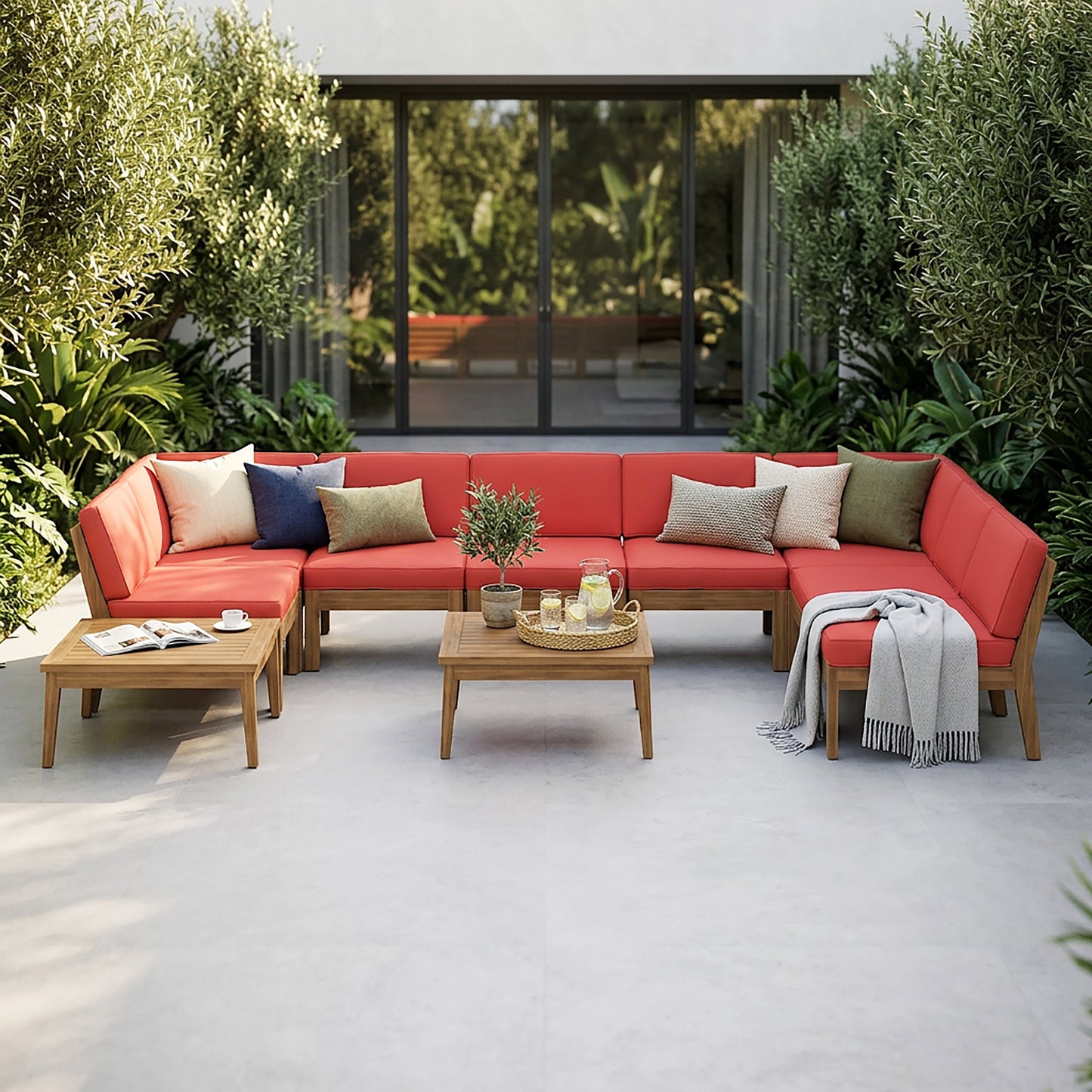 Grenada 8 Seater Acacia Wood Sectional Sofa Set, Teak+Red
