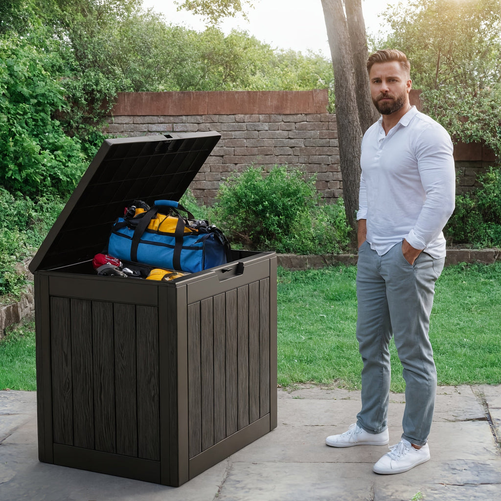 Boîte de rangement extérieure en résine de 35 gallons – Noir/Grain de bois