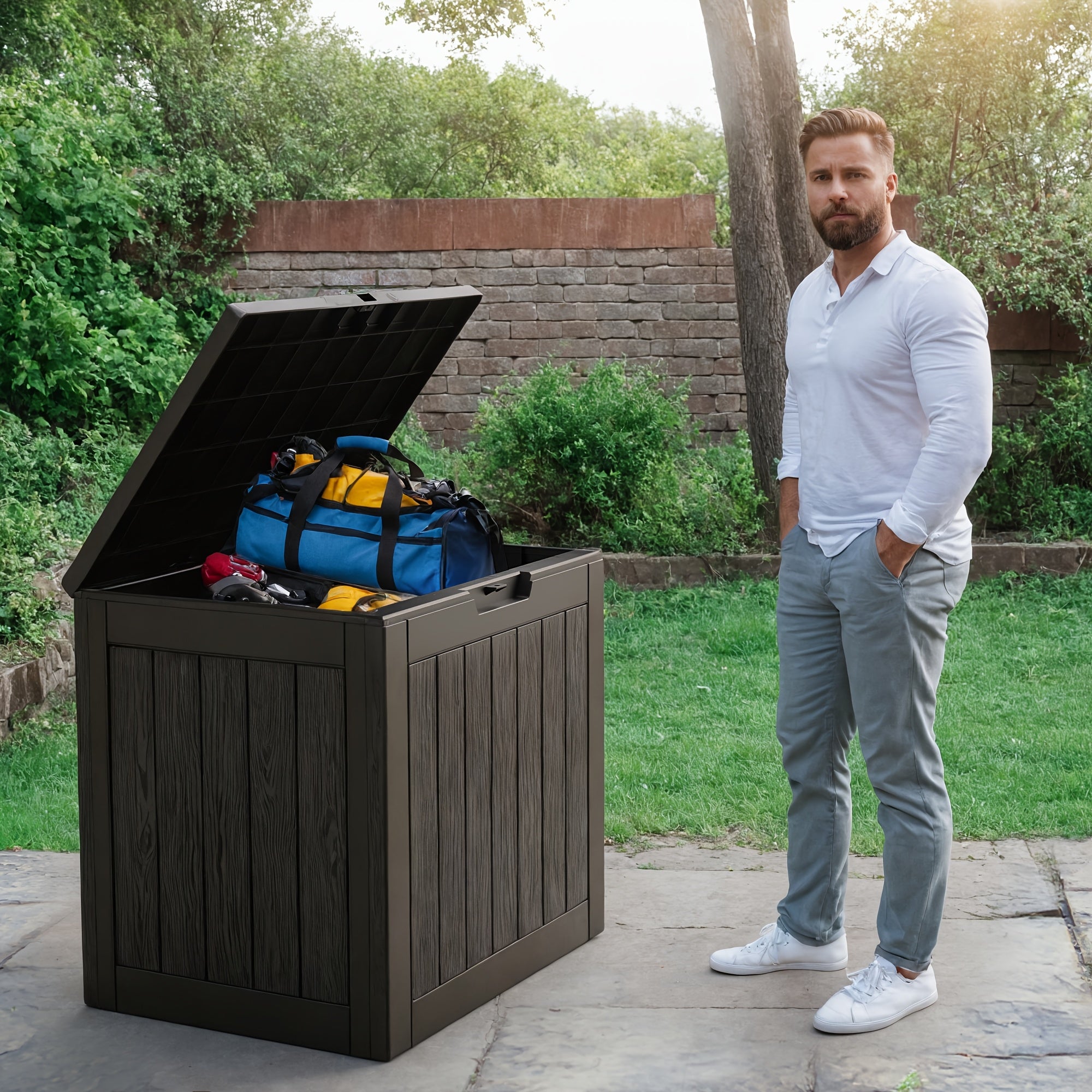 Boîte de rangement extérieure en résine de 35 gallons – Noir/Grain de bois