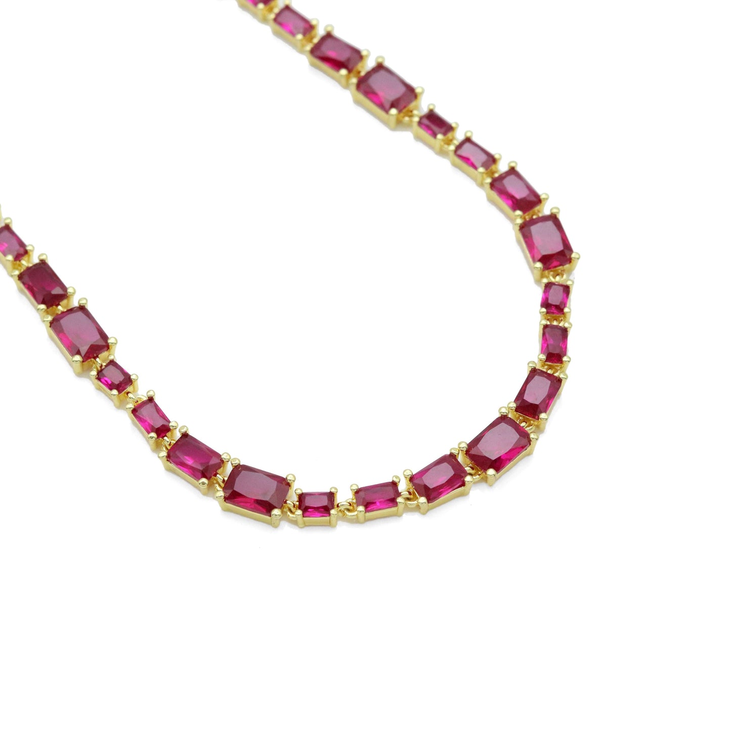 Gold Fuchsia Rectangle CZ Link Chain Necklace, Sku#A352