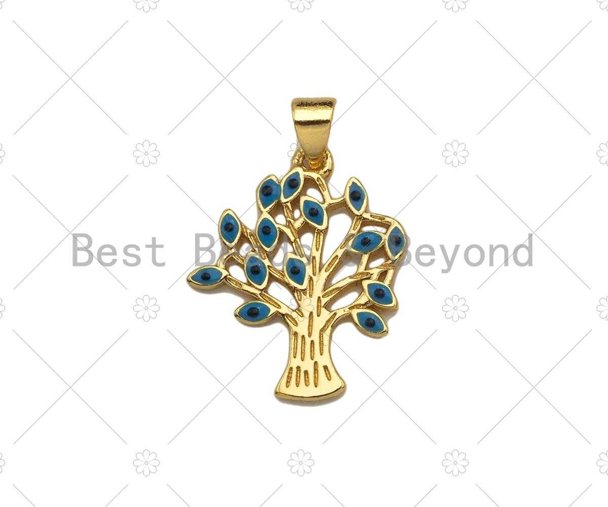 Enamel Evil Eye On Life Tree Shape Pendant, 18K Dainty Gold Charm, Necklace Bracelet Charm Pendant,19x22mm,Sku#JL32